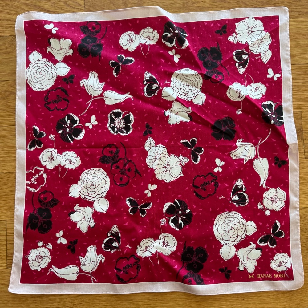 Hanae Mori Floral Butterfly Print Silk Scarf – Red & Pink – 19.5 Inch Square